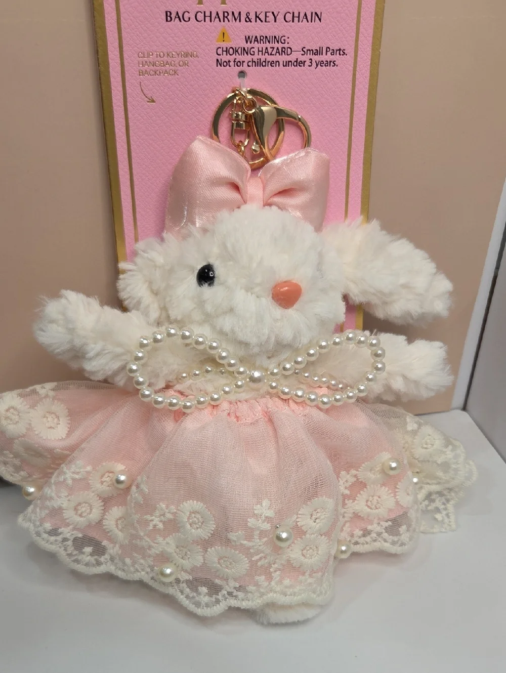 💕▪️Piper K ▪️Plush Bunny Keychain Card Holder in Pink with Pearl Bow